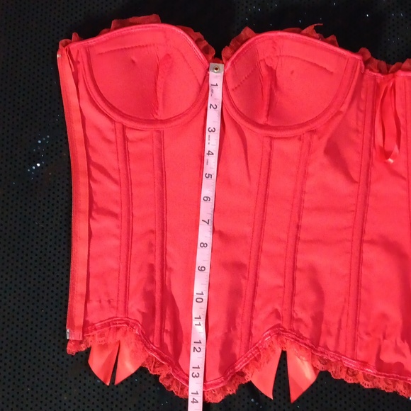 Lace Ruffled Very Red Satin Corset With Bows, Lace Up Back & Side Zipper (M) - Picture 15 of 16